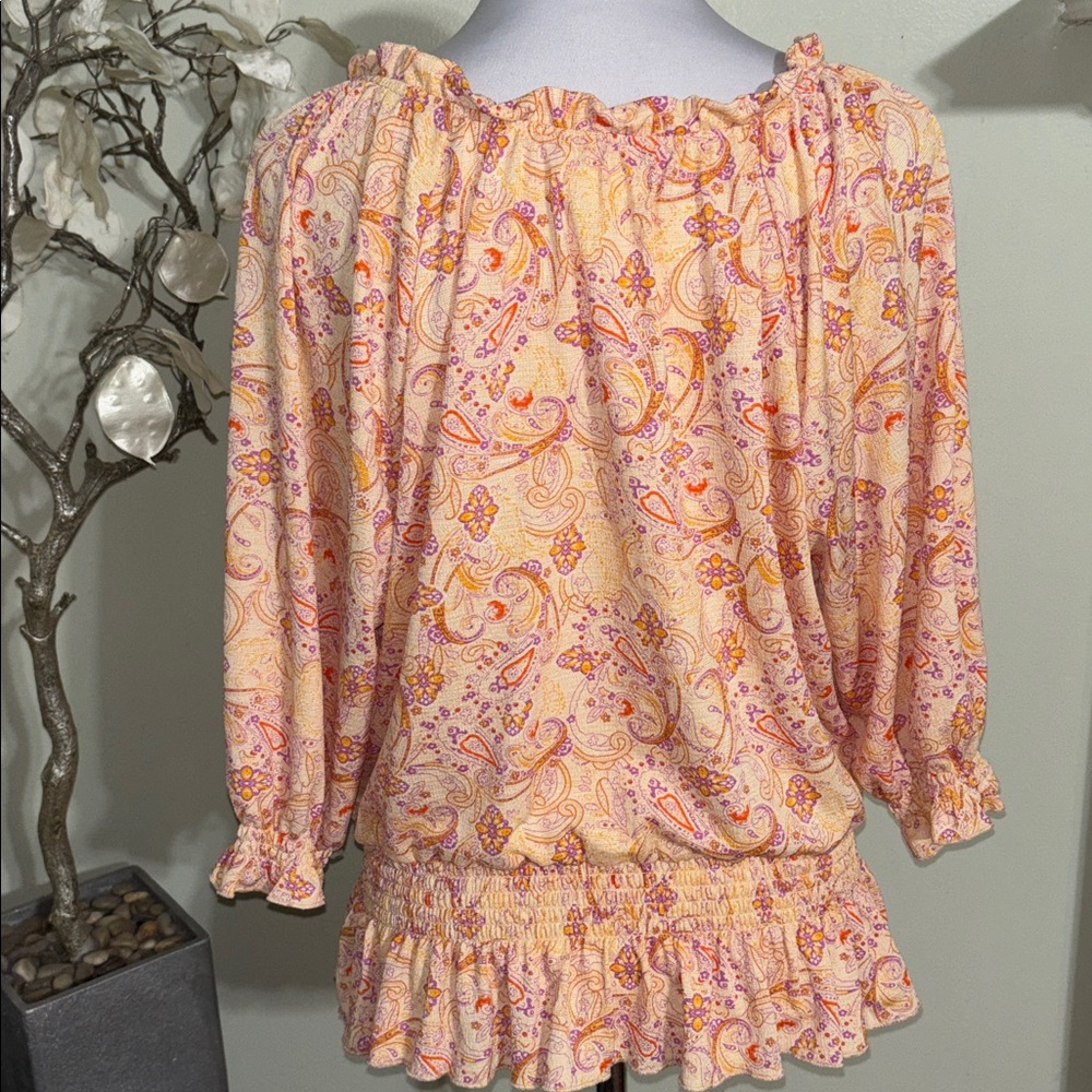 Anthropologie Paisley Ruffle Blouse Cream and Orange - Picture 4 of 4